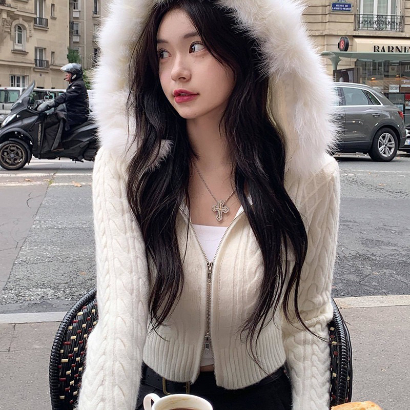 Áo Khoác Nón Lông ♥️ Chất Len Dày Form Croptop Dây Kéo 2 chiều
