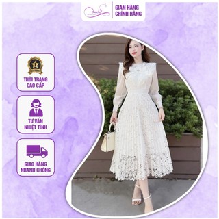 Váy dự tiệc Omely chất ren phối tơ có lót trong dày dặn cao cấp, Váy tiểu thư thiết kế tôn dáng sang chảnh