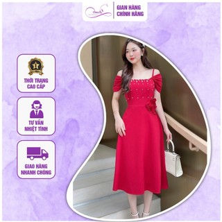 Đầm đỏ trễ vai dự tiệc đính ngọc tôn dáng cao cấp OMELY- Váy thiết kế 2 dây trễ vai dáng dài sang trọng