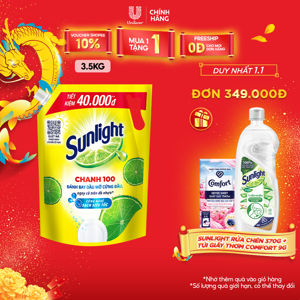 Nước rửa chén Sunlight chanh 100 mới đánh bay dầu mỡ cứng đầu túi 3.5kg