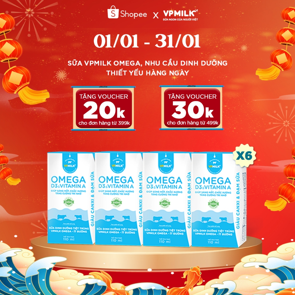  Sữa Dinh Dưỡng Tiệt Trùng VPMilk Omega Ít Đường dạng hộp cho bé 110ml 