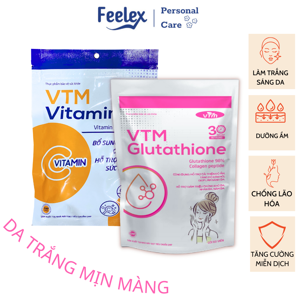 Combo Da Trắng Mịn Màng Viên Uống VTM Vitamin C Và Viên Uống VTM Glutathion
