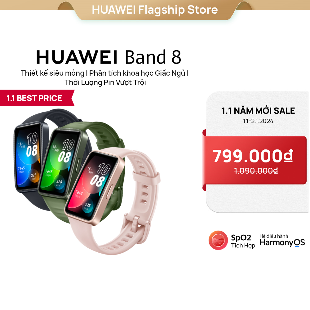 Vòng đeo tay thông minh HUAWEI Band 8 | Thiết kế siêu mỏng | Phân tích khoa học Giấc Ngủ | Màn hình AMOLED