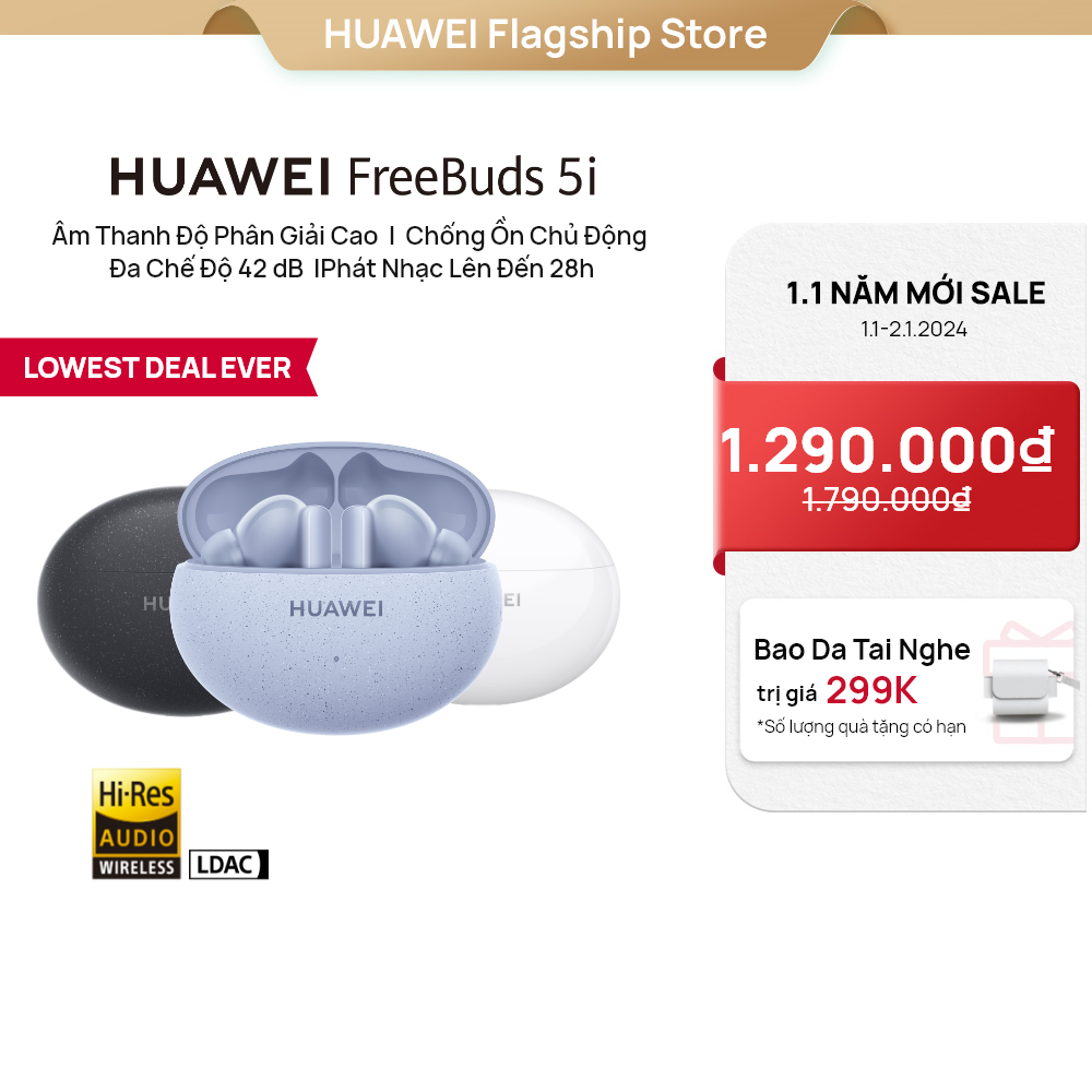 Tai Nghe Không Dây Huawei FreeBuds 5i | Phân giải cao | Chống ồn chủ động đa chế độ 42dB