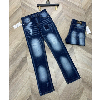 Quần jeans nam Dior xanh wash vảy sơn dáng suông dập nổi logo sau túi, quần bò nam xanh Dior vảy sơn ống suông 067