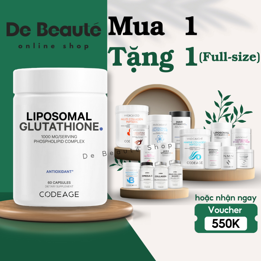 [HÀNG CÔNG TY] Viên Uống Trắng Da Mờ Nám Codeage Liposomal Glutathione 1000mg 60 vien