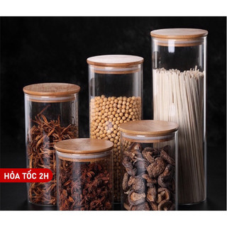 hộp thuỷ tinh nắp gỗ, hũ thuỷ tinh đựng gia vị, hộp đựng đồ khô, hũ đựng đồ