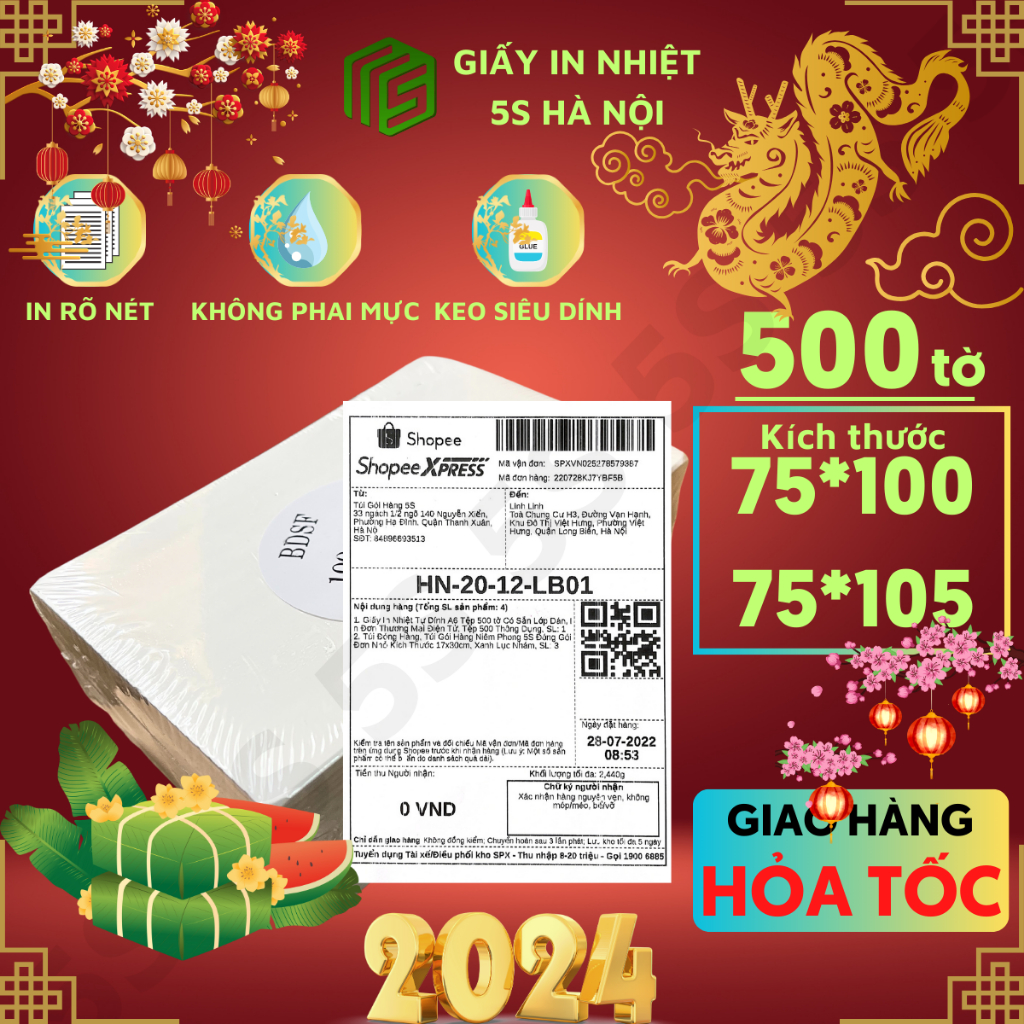 Giấy In Nhiệt A7 Tệp 500 Tờ Size 75x105, 75x100 In Đơn Thương Mại Điện Tử