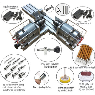 Máy tiện hạt gỗ, hạt vòng, hạt chuỗi gỗ mini 2 motor kiêm khoan mài khắc đa năng