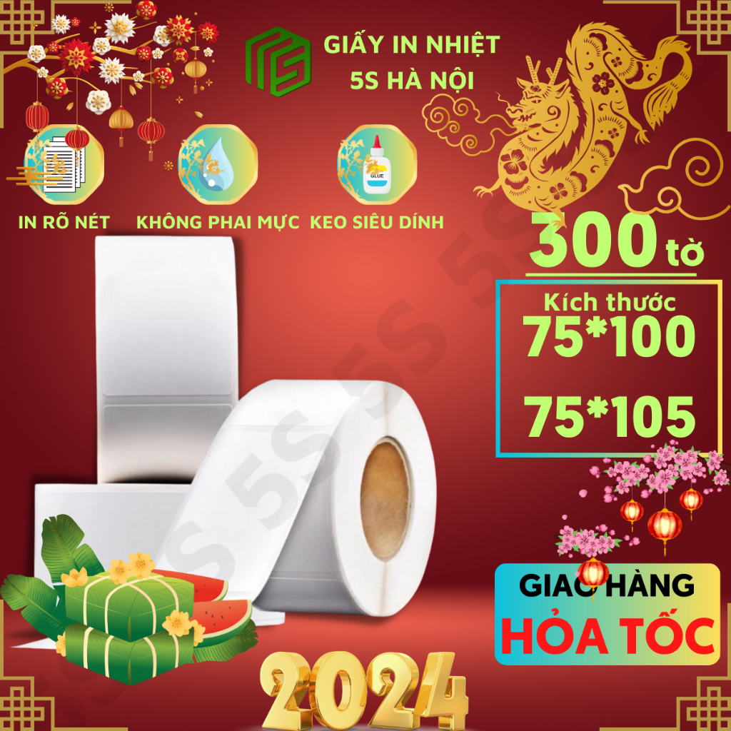 Giấy In Nhiệt 5S Khổ A7 Tự Dính , In Đơn hàng Sàn Thương Mại Điện Tử 75x100mm Siêu Tiết Kiệm Cuộn 300 tờ