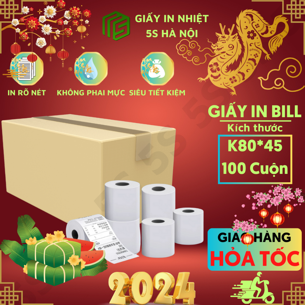 Combo 1 thùng giấy in bill K80x45 cho quán cafe siêu thị taxi