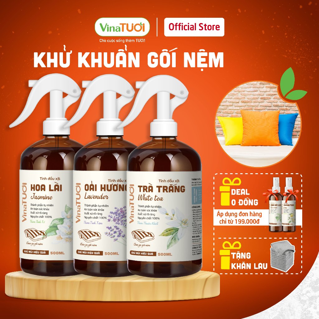 Chai Xịt Thơm Khử Mùi Chăn Ga Gối Đệm Vệ Sinh Nệm Giường VINA TƯƠI 100ml/500ml Tinh Dầu Oải Hương, Cam Sả, Bạc Hà