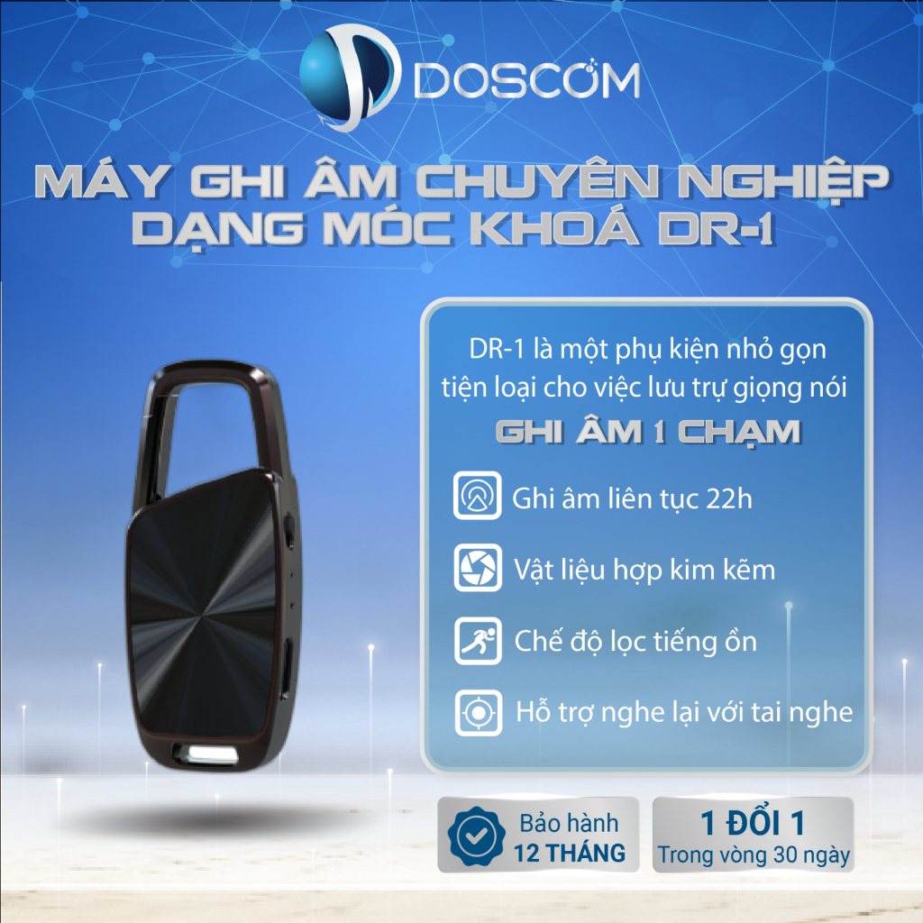 Máy Ghi Âm Chuyên Nghiệp Dạng Móc Khóa Doscom DR-1 Thiết Kế Nhỏ Gọn, Độ Nét Cao - Tích Hợp Công Nghệ Lọc Tạp Âm