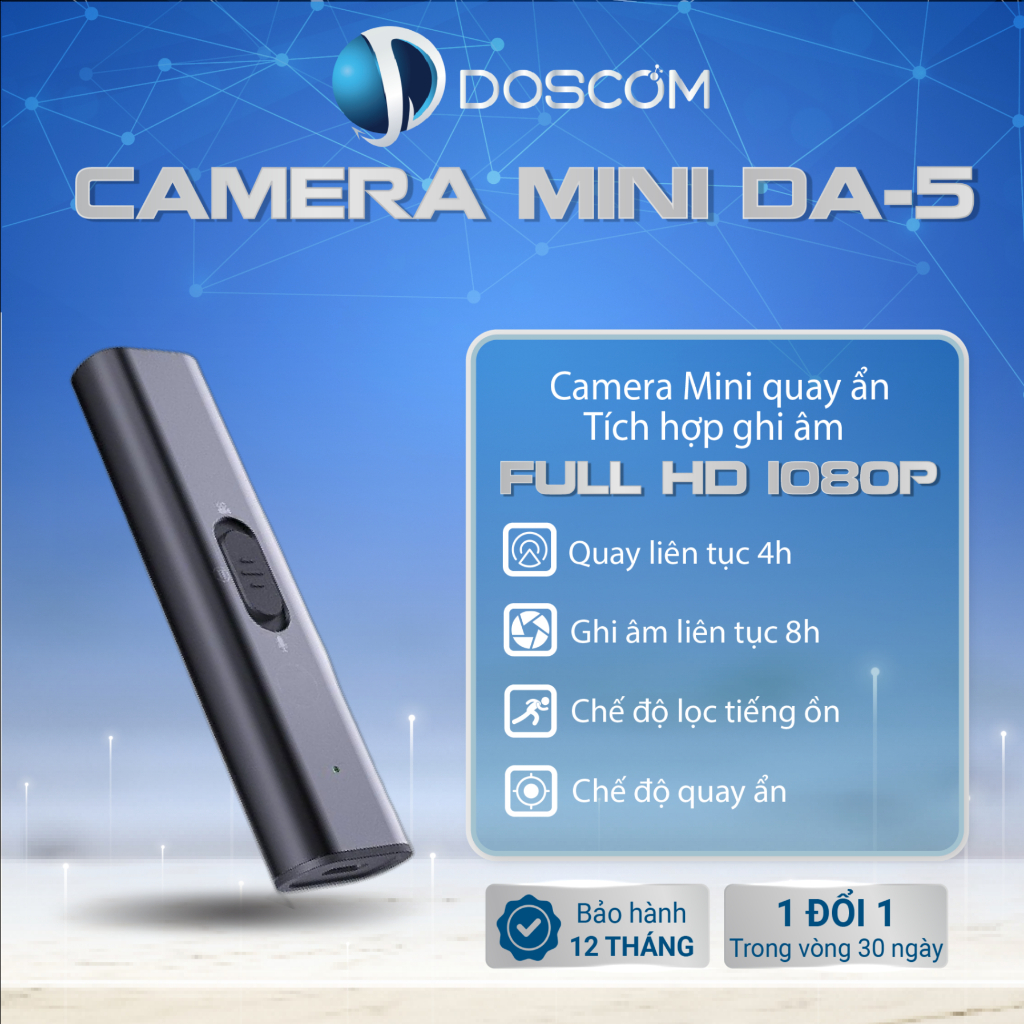 Camera Mini Doscom DA-5 Full HD 1080 Góc Siêu Rộng - Ghi Âm và Ghi Hình Trong 1 Chạm - Hỗ Trợ Tầm Nhìn Đêm