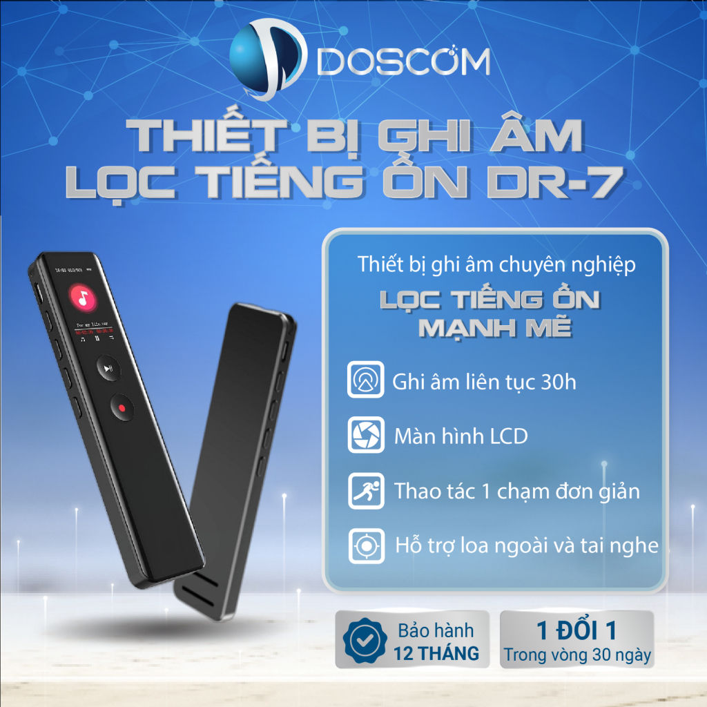 Máy Ghi Âm Chuyên Nghiệp Doscom DR-7 Lọc Âm, Giảm Tiếng Ồn - Ghi Âm Liên Tục 36 Tiếng - Tích Hợp Màn Hình LCD