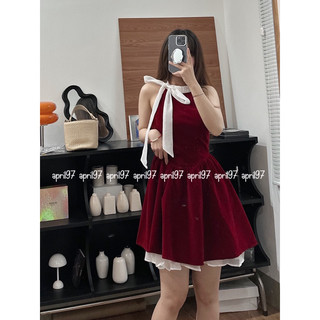 Đầm nhung cổ yếm thắt nơ (ảnh thật/ có sẵn)