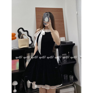 Đầm nhung cổ yếm thắt nơ (ảnh thật/ có sẵn)