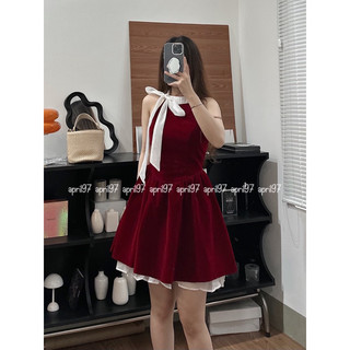 Đầm nhung cổ yếm thắt nơ (ảnh thật/ có sẵn)