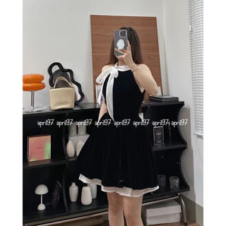 Đầm nhung cổ yếm thắt nơ (ảnh thật/ có sẵn)