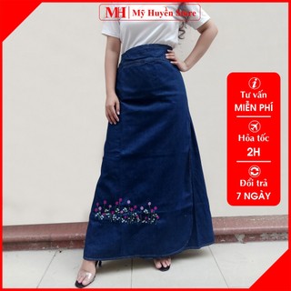 Váy Chống Nắng Xẻ Tà Jean Thêu Hoa Trinh Nữ Tím Có Túi Và Nút Bấm Chân Mỹ Huyền Store
