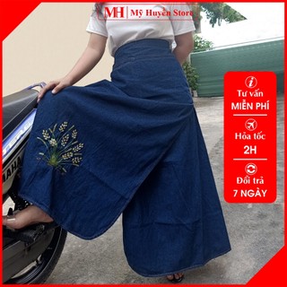 Váy Chống Nắng Xẻ Tà Cao Cấp Vải Jean Dày Thêu Họa Tiết Bông Lúa Có Nút Bấm Mỹ Huyền Store