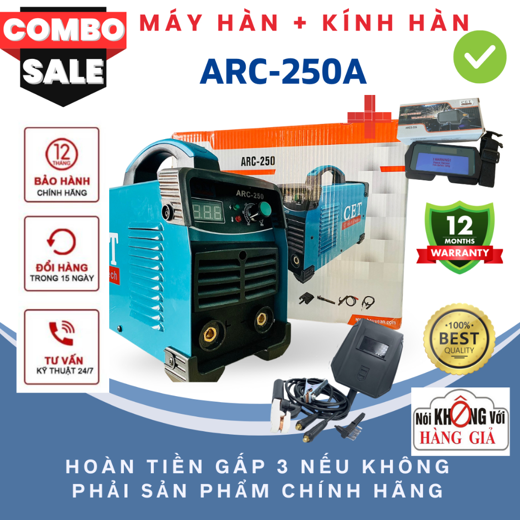 [Combo Máy Hàn Hồ Quang 250A Kèm Kính Hàn Chính Hãng, Giá Rẻ] Hàng Công Ty, Bảo Hành 12 Tháng