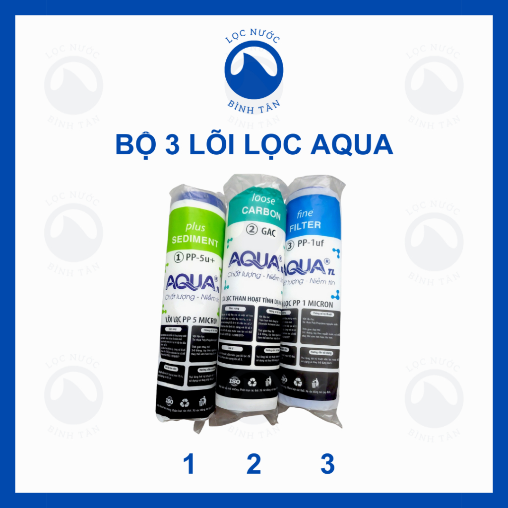 Lõi lọc nước AQUA combo 3 lõi lọc số 1 2 3 dùng cho máy lọc nước RO