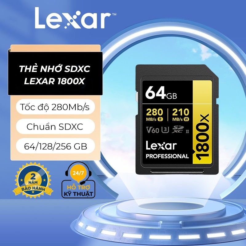 Thẻ nhớ Lexar SDXC Professional UHS-II 1800x V60 64GB 128GB 256GB, video HD 4K, tốc độ 280MB/s cho máy ảnh, máy quay