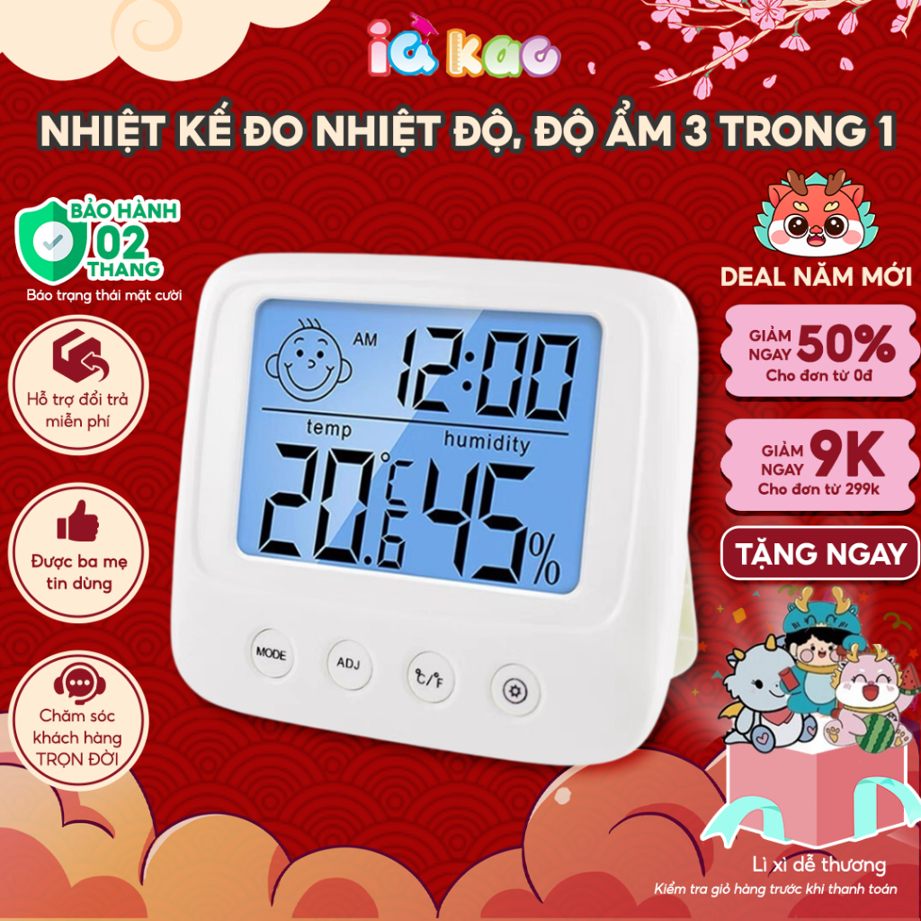 Nhiệt kế điện tử đo phòng cho bé, 3 trong 1 đo nhiệt độ, độ ẩm và xem giờ đa năng, tiện dụng IQ Kao