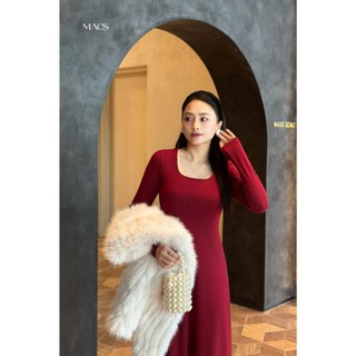 Váy len tăm cao cấp, Đầm suông tay dài cổ vuông tôn dáng che khuyết điểm tốt MACS SAMI DRESS