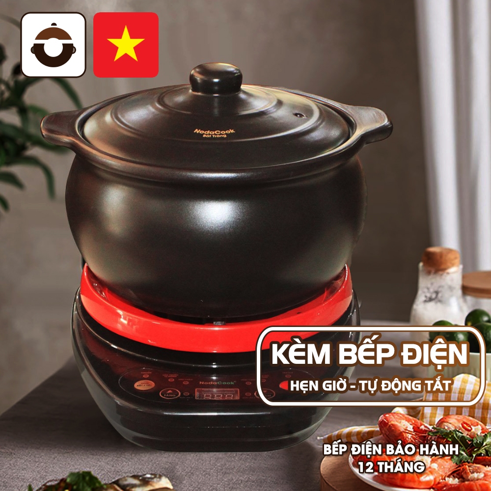 Nồi kho cá điện 2 lít NodaCook Bát Tràng (Đen) - Hẹn giờ nấu - Nấu tự động - Tự ngắt khi hết thời gian