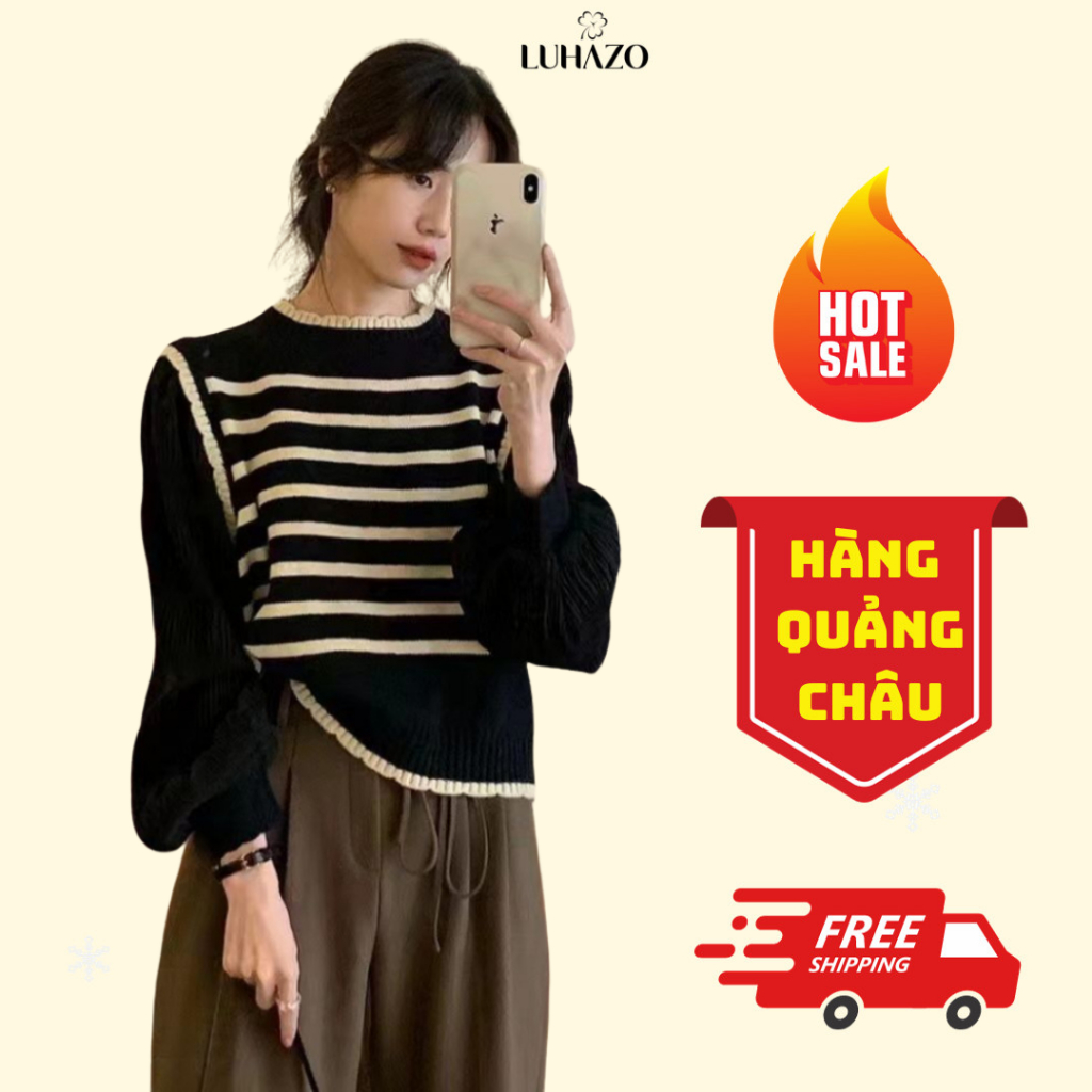 Áo len nữ dài tay phối áo gile cổ tròn LUHAZO kèm tay voan phồng tiểu thư sang chảnh M95 N-34