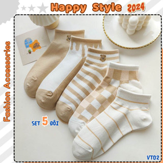  Tất Vớ Cổ Ngắn Sét 5 Đôi Tất Chân Nam Nữ Họa Tiết Gấu Kẻ Sọc Chất Cotton Co Giãn VT02 