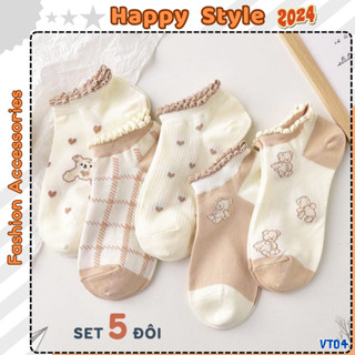  Tất Vớ Cổ Ngắn Sét 5 Đôi Tất Chân Nam Nữ Cổ Bèo Họa Tiết Gấu Chất Cotton Co Giãn VT04 - Happy Style 