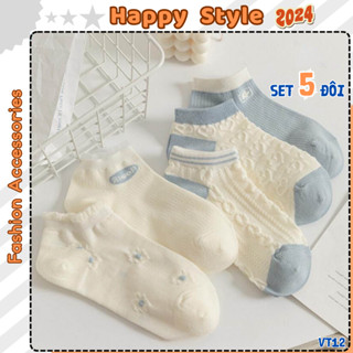  Tất Vớ Cổ Ngắn Sét 5 Đôi Tất Chân Nam Nữ Họa Tiết Trắng Xanh Phong Cách Hàn Quốc VT12 - Happy Style 