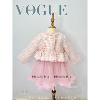 Set áo dạ tweet lửng đính nơ kèm váy công chúa cotton dài tay cao cổ voan xòe QCCC