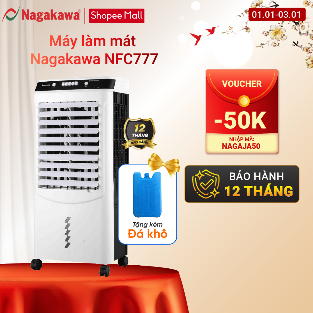 Quạt điều hòa hơi nước Nagakawa NFC777 (21L) - Đảo gió 4 chiều - Đá khô đi kèm - Bảo hành 12 tháng