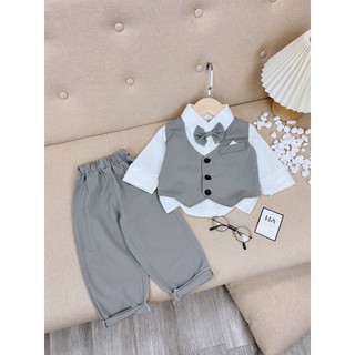 Set công tử gồm áo sơ mi, quần âu, áo gile, phụ kiện nơ chất vải chéo hàn xuất dư size 9-24Kg