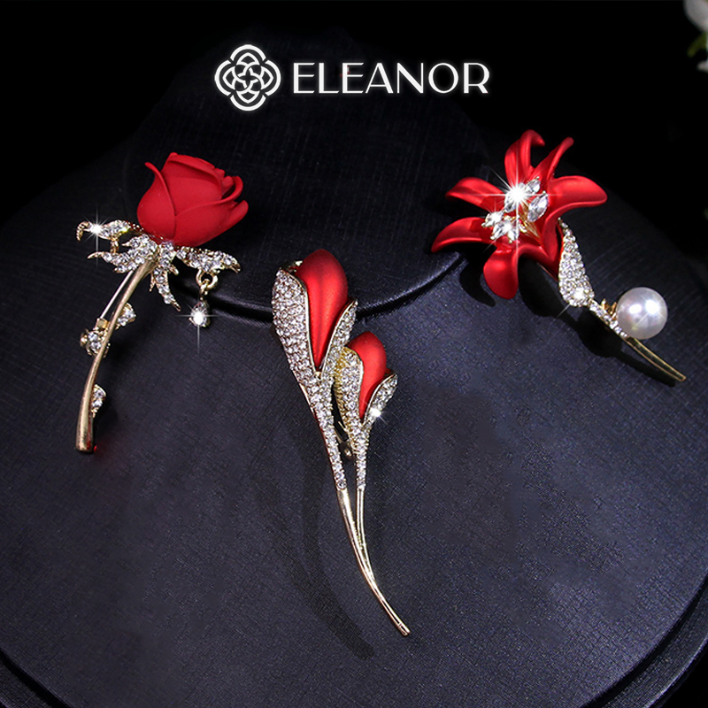 Ghim cài áo nam nữ ngọc trai nhân tạo Eleanor Accessories hình hoa màu đỏ đính đá phụ kiện thời trang 5380