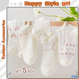  Tất Vớ Cổ Ngắn Sét 5 Đôi Tất Chân Nam Nữ Cổ Ren Bèo Họa Tiết Trơn Phong Cách Hàn Quốc VT15 - Happy Style 