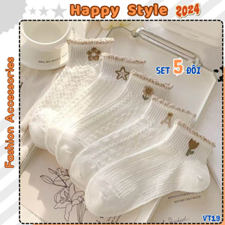 Tất Vớ Cổ Ngắn Sét 5 Đôi Tất Chân Nam Nữ Trắng Thêu Hình Basic Phong Cách Hàn Quốc VT19 - Happy Style