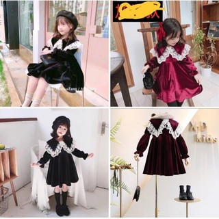 Đầm nhung cổ phối ren màu đen và đỏ đô bé gái lót nỉ
