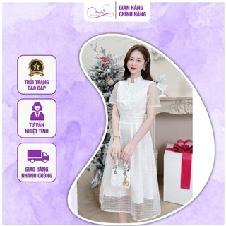 Đầm thiết kế cổ tàu chất ren trắng tôn dáng cao cấp OMELY- Váy dự tiệc công sở ren lưới sang trọng
