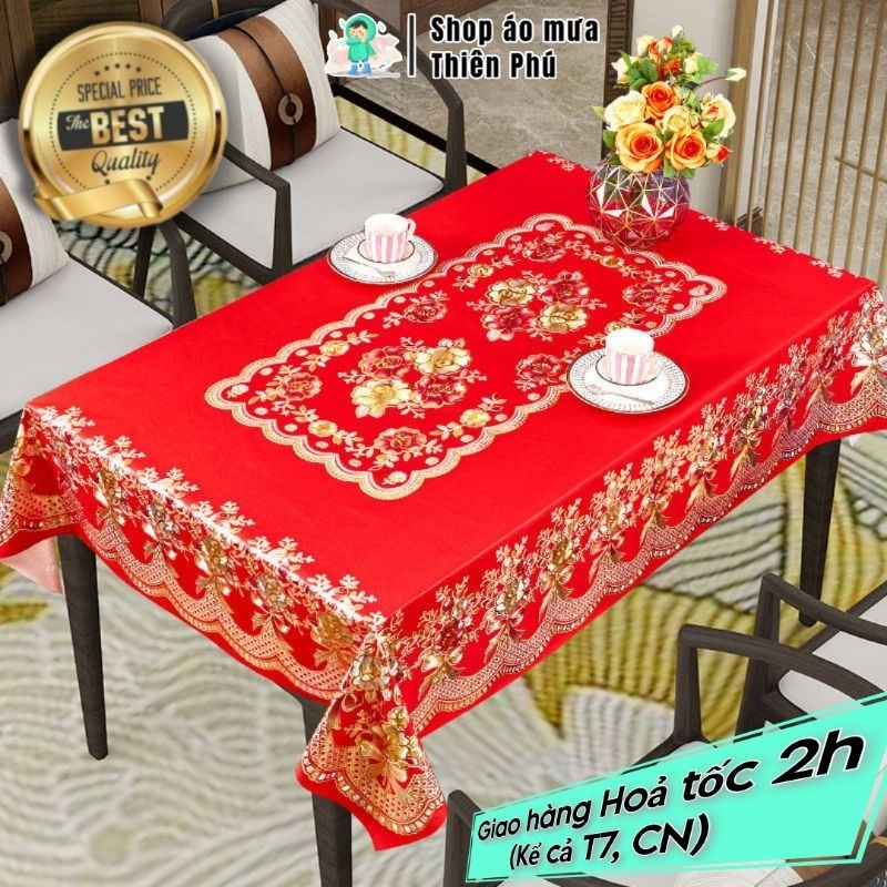 Khăn trải bàn tết màu đỏ, trải bàn ăn chữ nhật vải nhựa pvc chống thấm nước, decor vintage bàn trà phòng khách bàn dài