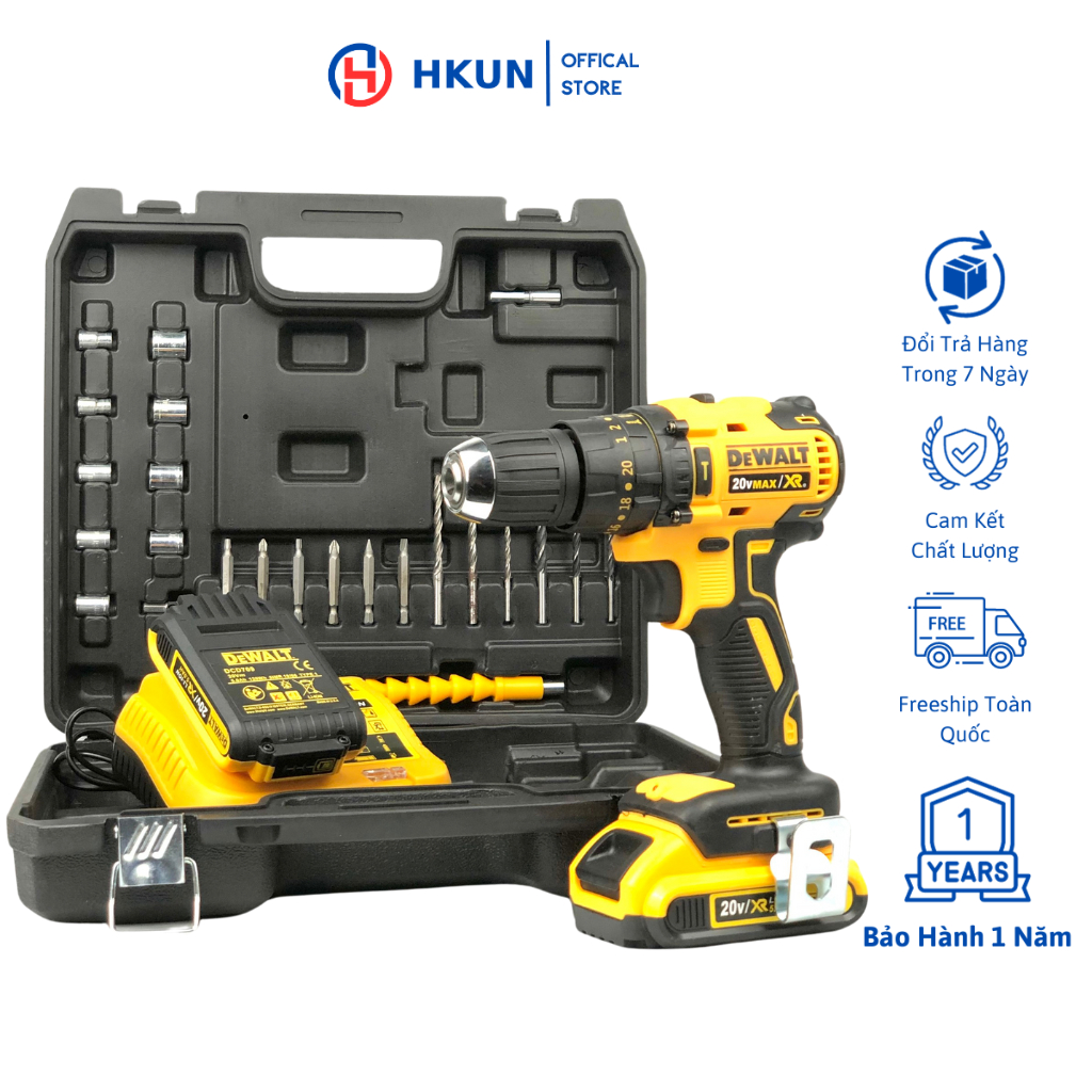 Máy khoan pin dewalt 20v, không chổi than tặng kèm bộ 24 chi tiết