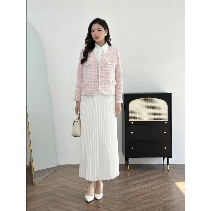 Áo Blazer Nữ 𝐂𝐂𝐇𝐀𝐓 Dáng Suông Tua Rua Trẻ Trung Chất Dạ Tweed Cao Cấp 23EHZ2011ST