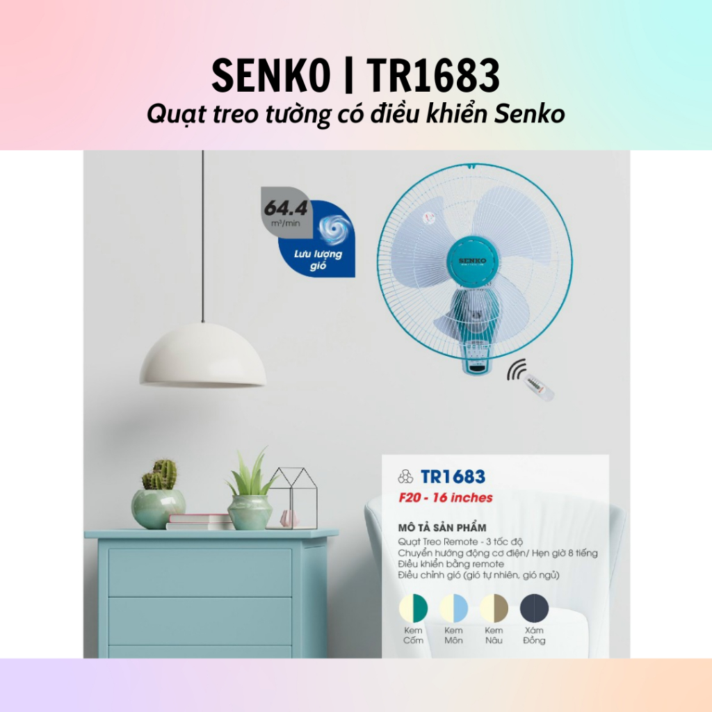 Quạt treo tường Senko TR1683 (màu sắc ngẫu nhiên) - Hàng chính hãng