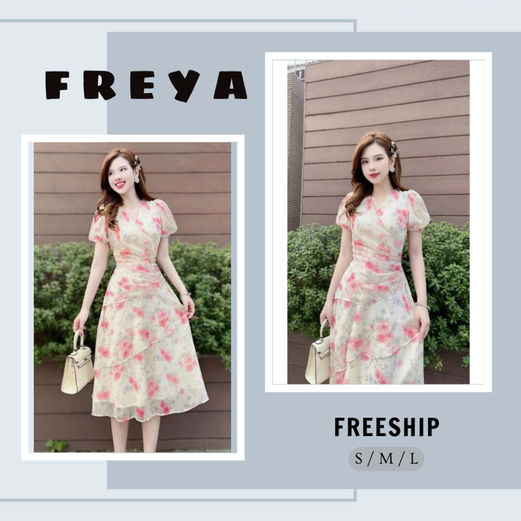 🛍 FREYA SHOP - Thời trang Sỉ 🛍Đầm voan hoa nhí cổ tim tay ngắn,Váy voan tơ nhún eo dự tiệc phối màu hồng trắng tiểu thư
