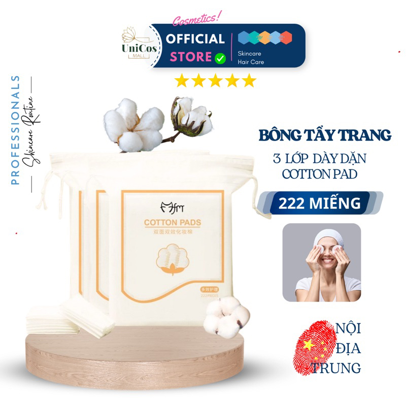 Bông Tẩy Trang 222 Miếng Cotton Tự Nhiên - Bông Tẩy Trang 3 Lớp Dày Dặn Mềm Mại