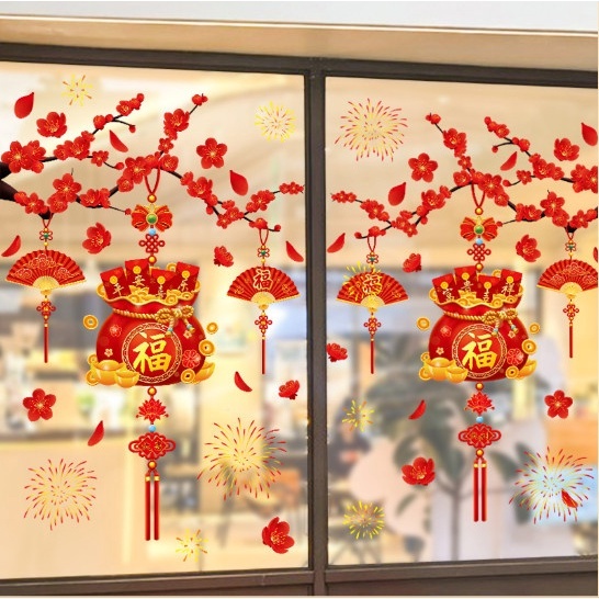 MVP3919 Decal trang trí Tết hít tĩnh điện - Cành Mai đỏ Túi Tiền lớn vui xuân và nhiều mẫu đẹp